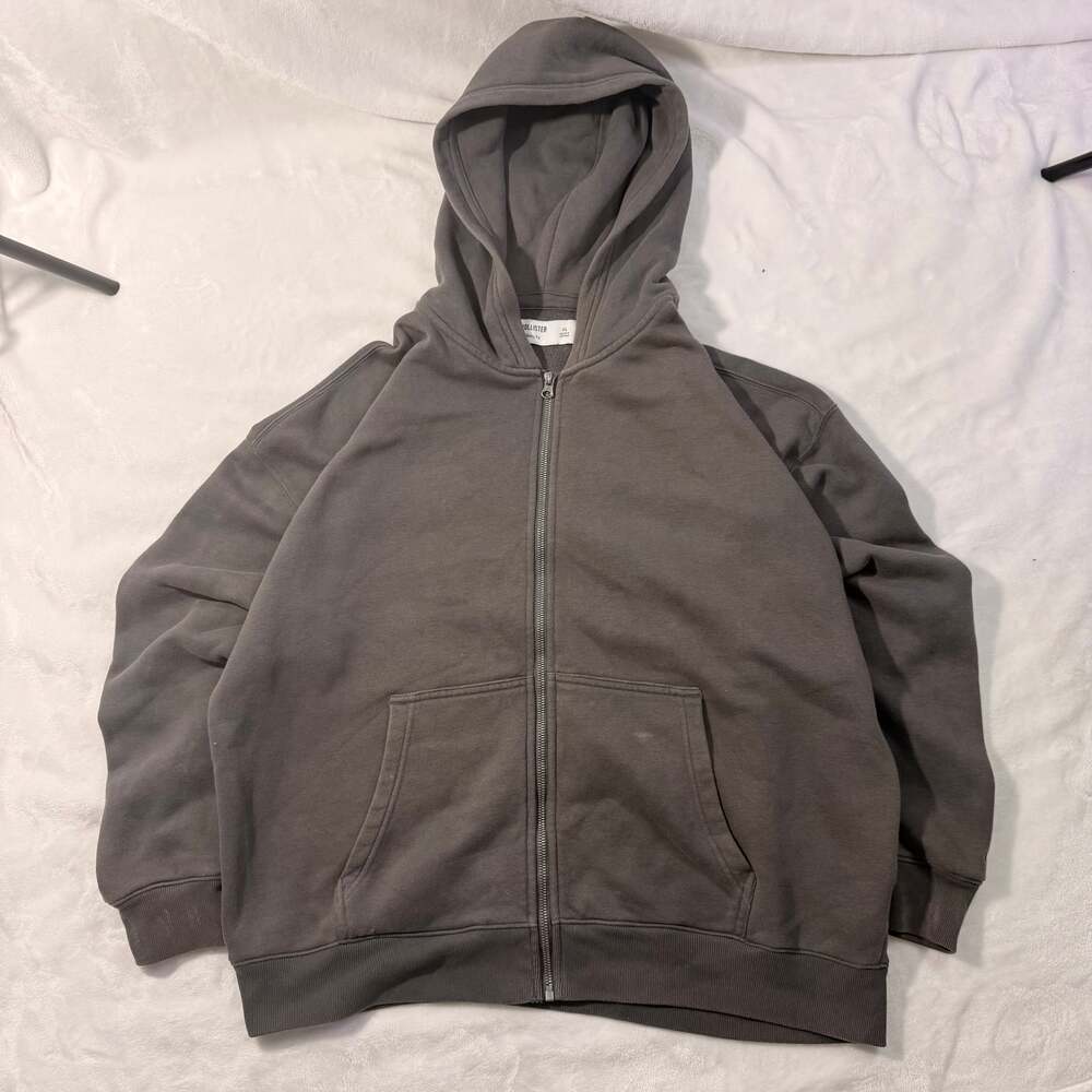 Hollister Mens XL Boxy Fit Faded Grey Heavyweight Full Zip Hoodie
